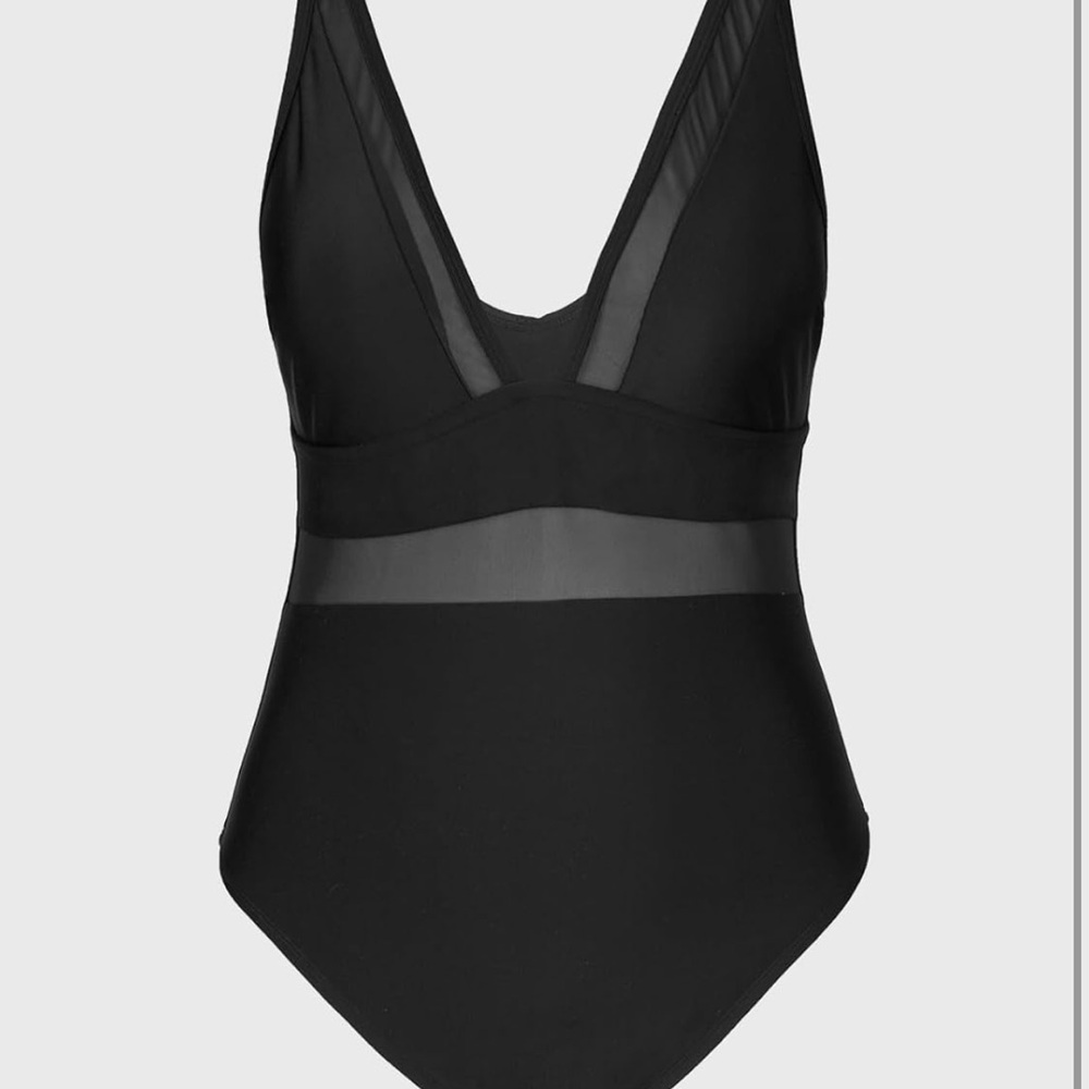 New Black V-Neck Mesh-Panel One-Piece Swimsuit